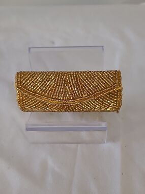 Vintage Beaded Lipstick Holder Case with Mirror Silver Beads Snap Closure